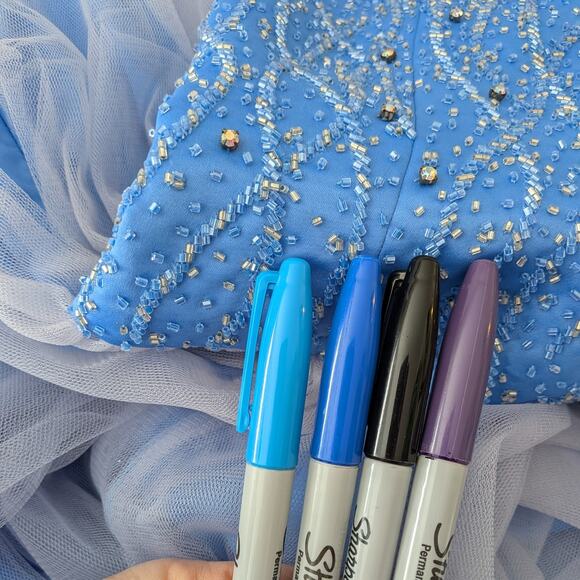 Vintage Prom Dress Maxi Gown 10 Blue Y2K Bead Tulle Shoulder Ball Cinderella - Picture 8 of 16